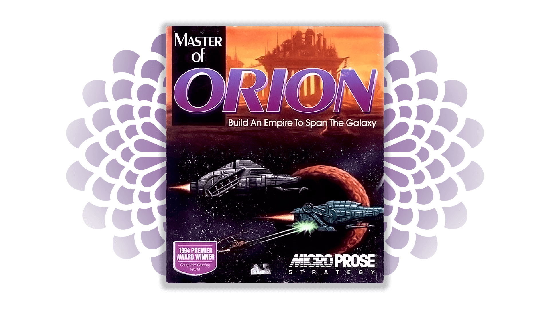 A cover of a computer game called Master of Orion by MicroProse Strategy, with the tagline "Build An Empire To Span The Galaxy." The cover depicts spaceships in a sci-fi world. In the bottom left is an award reading "1994 Premier Award Winner: Computer Gaming World.