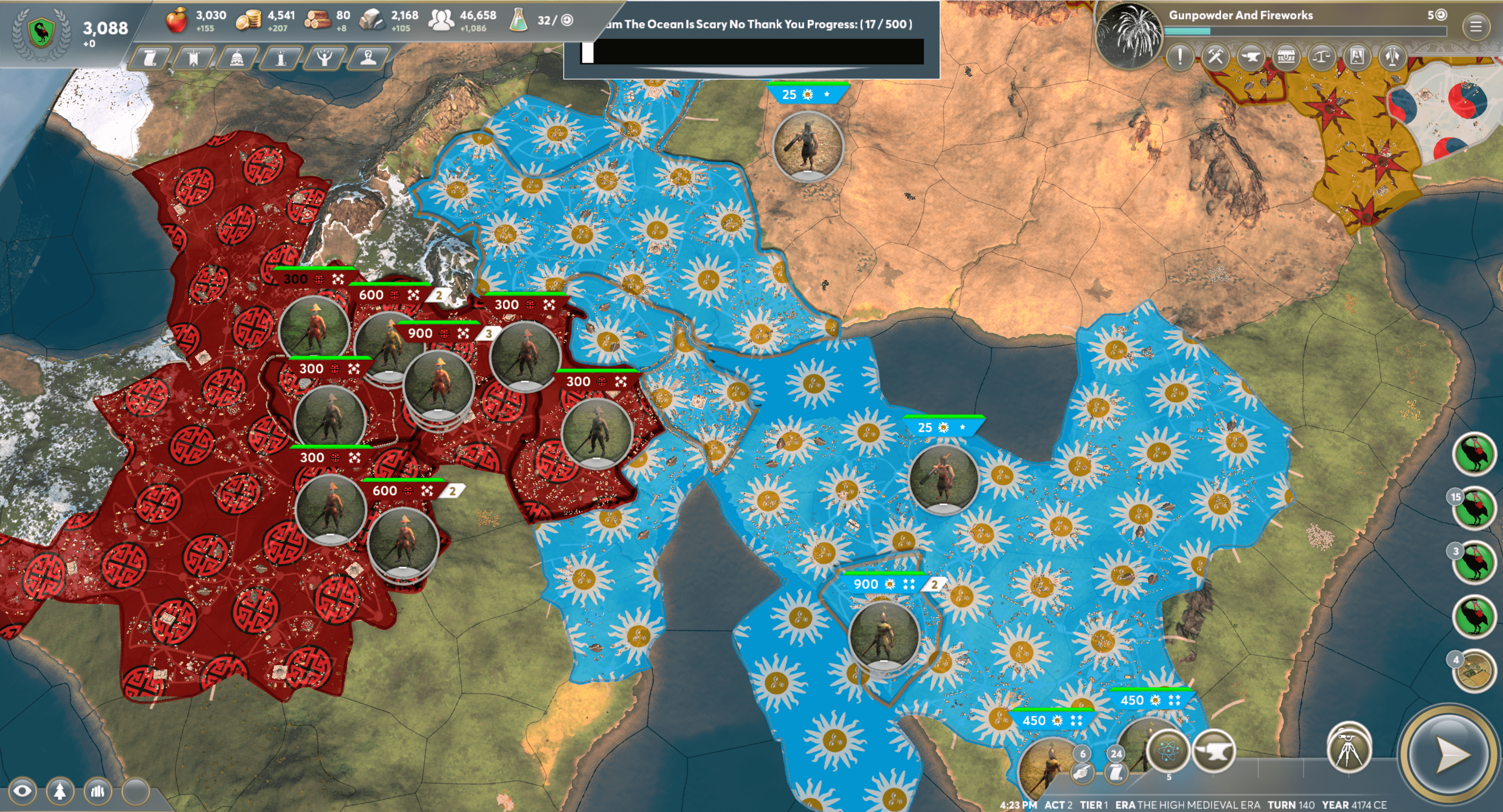 Pre-Alpha screenshot of Ara: History Untold, showing three Nations areas of ownership adjacent and constrained by the map space available.